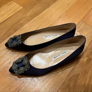 Manolo Blahnik Satin Jewel Buckle Flat Shoes
